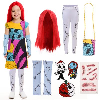 10PCS Girls Sally Christmas Costume, Sally Fancy Dress Outfits with Red Wig Bag Sleeves Leggings Halloween Props (XX-Large)