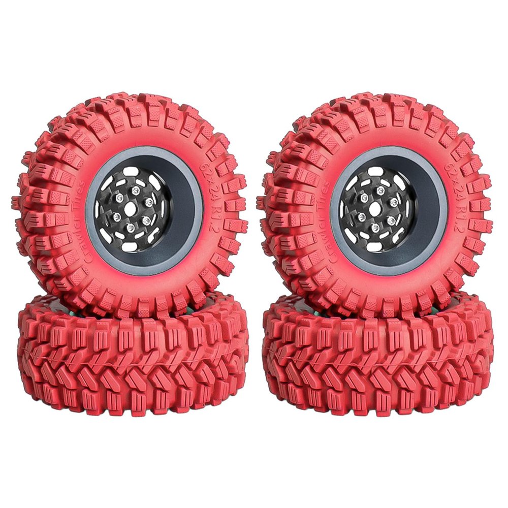 4PCS 1.2" Beadlock Wheel Tires Set 1.2" Carbon Fiber Beadlock Wheel Hub Colored Rubber Crawler Tires for 1/18 TRX4M 1/24 SCX24 RC Crawler Car (red tires A+ Titanium wheel hub)