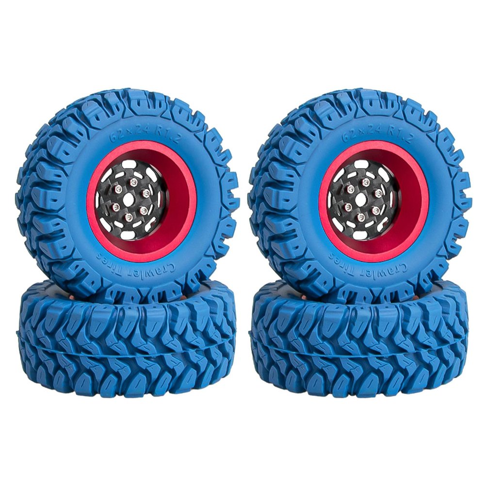 4PCS 1.2" Beadlock Wheel Tires Set 1.2" Carbon Fiber Beadlock Wheel Hub  Colored Rubber Crawler Tires for 1/18 TRX4M 1/24 SCX24 RC Crawler Car (blue tires B+ red wheel hub)