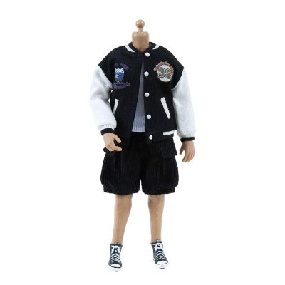 1/12 Action Figure Clothes,Baseball Jacket and Shorts for 6 inch Male Action Figures,6 inch Miniature Clothes,1:12 Scale Baseball Suit. (Black Baseball Uniform Set)
