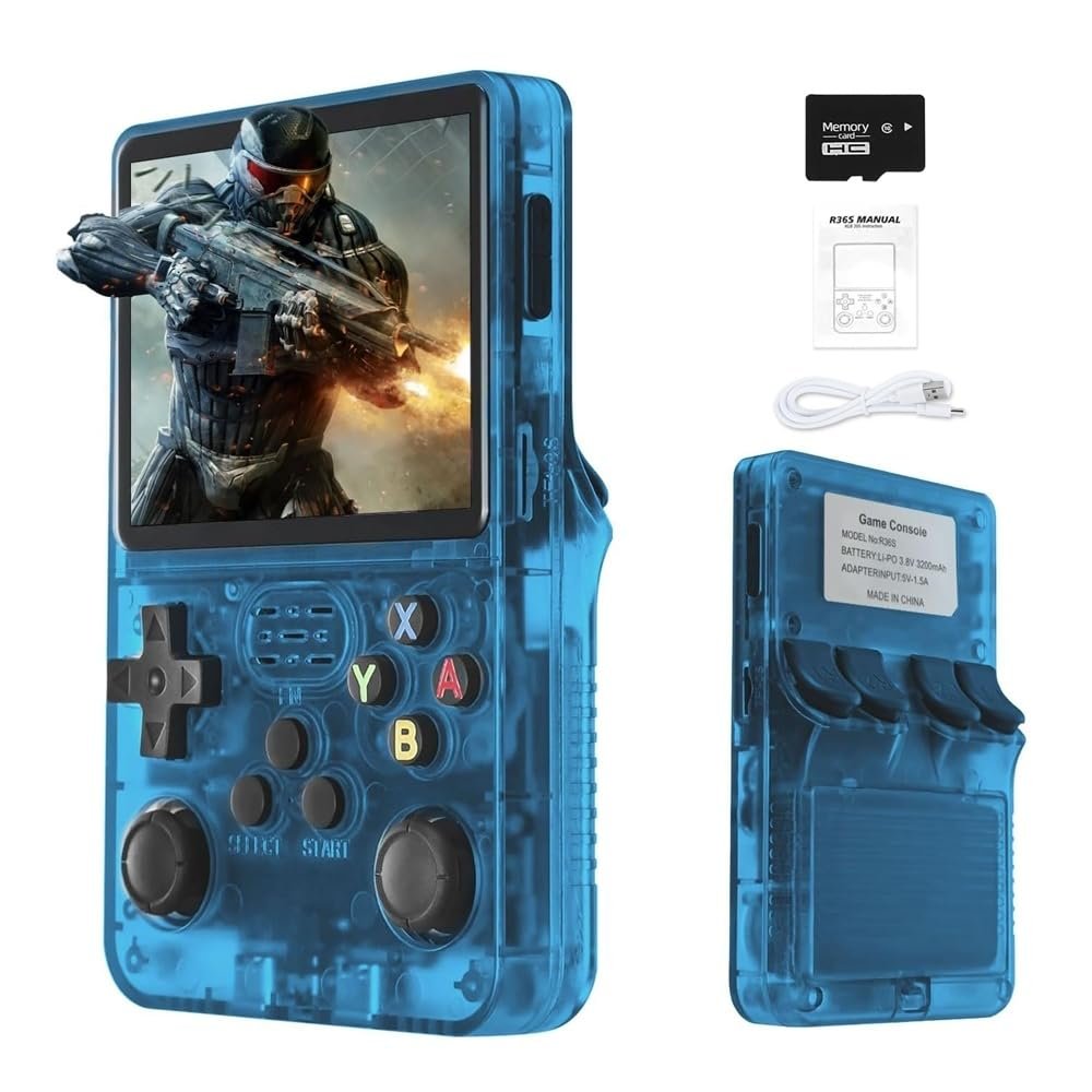 R36S 2025 New Retro Handheld Game Console, 20000+ HD Games Mini Retro Video Console, 3.5 Inch IPS Screen, Portable Arcade Video Gaming Console Gift for Adults (Blue)