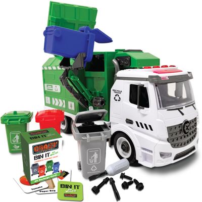 Crazy Truck 1:16 Scale Recycling Garbage Truck Toy with Lights & Sounds, 4 Recycle Cans, 40 Flash Cards, Tools DIY Take-Apart for Kids Realistic Mechanical Arm for Lift & Dump Trash Play