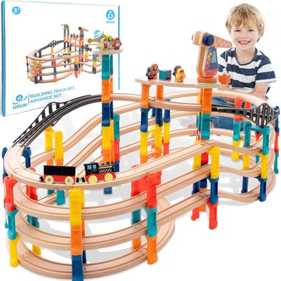 120Pcs Wooden Train Tracks Set, 398-inch Track Expansion, Toddler Railway Bridge Toy Train Set with Airplane and Magnetic Crane, Birthday Gifts for Boys and Girls, Compatible with All Major Brands