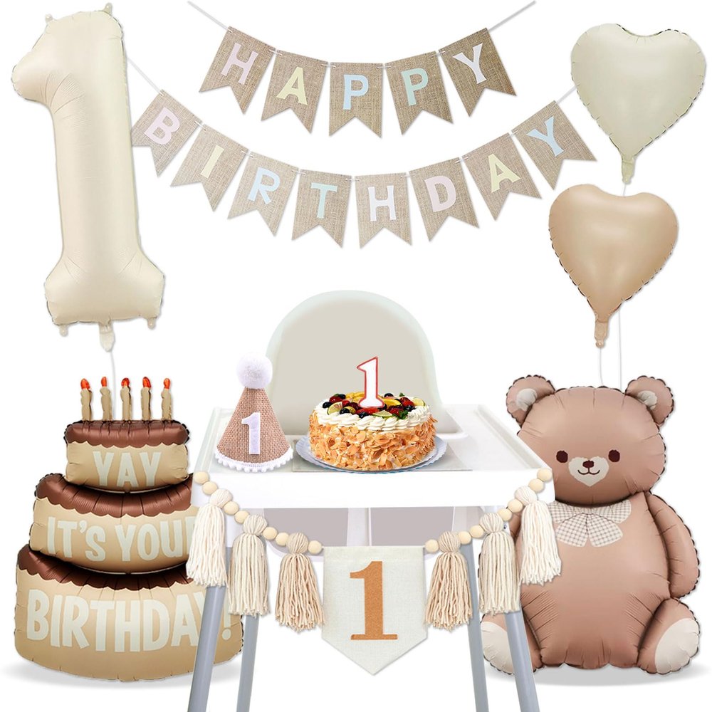 1st Birthday Decorations Boho 1st Birthday Highchair Banner for Baby Boy Girl First Birthdays Decoration Handmade Tassel Garland 1st Birthdays Balloons 40 Inch Giant 1 Balloon Bear Balloon Hat Banner