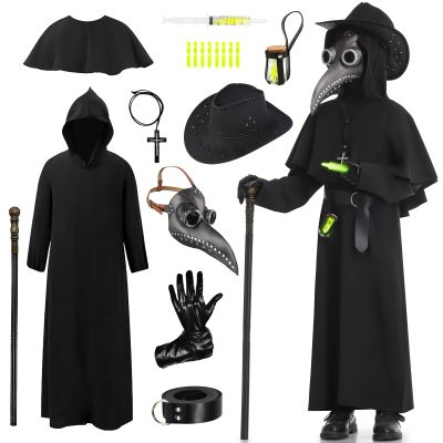 IEEILULU Plague Doctor Costume Kids, 19 Pieces Plague Doctor Outfit Set Renaissance Medieval Robes with Bird Beak Mask Hat Cane (S)