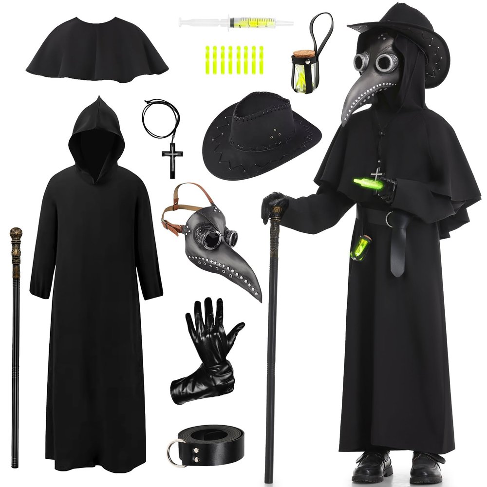 IEEILULU Plague Doctor Costume Kids, 19 Pieces Plague Doctor Outfit Set Renaissance Medieval Robes with Bird Beak Mask Hat Cane (S)
