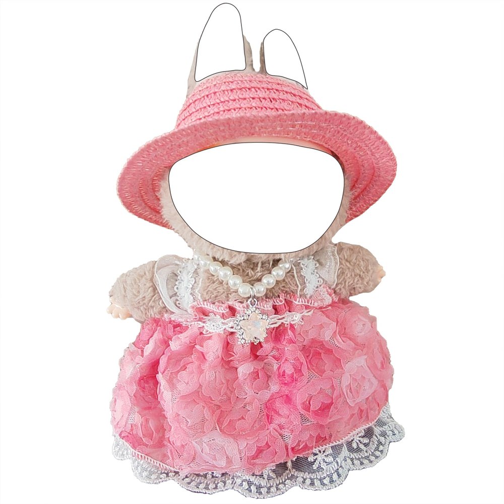 4-Piece Pink Rose Lace Dress for 5.9-6.7"(15-17cm) Dolls,Includes Dress,Straw Hat,Rhinestone Pendant Pearl Necklace & Underwear-Designer Clothes Recreating Classic Elegance
