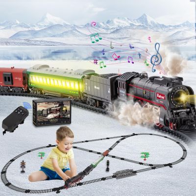 JONRRYIN Electric Train Set for Kids with Remote Control, Classic Steam Locomotive with Smoke, Lights & Sounds, Kids Retro Trains Tracks Toys for Christmas