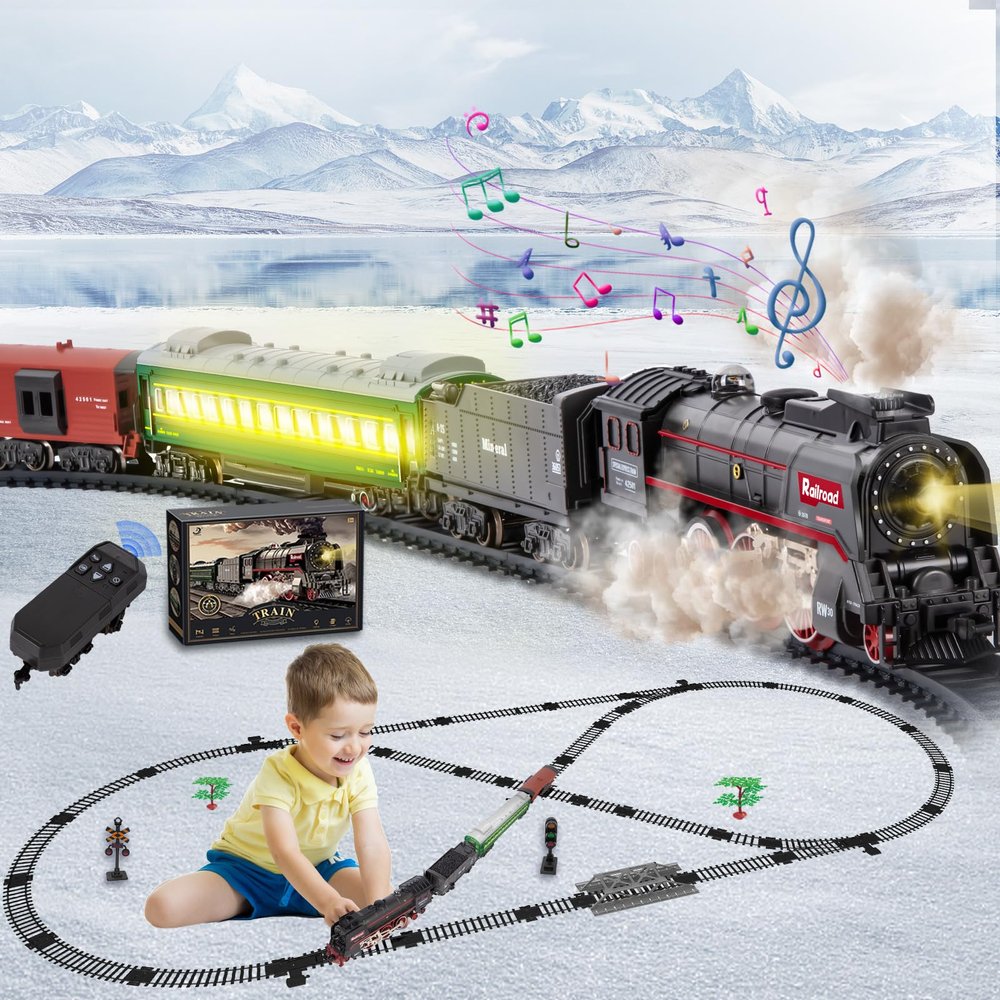 JONRRYIN Electric Train Set for Kids with Remote Control, Classic Steam Locomotive with Smoke, Lights & Sounds, Kids Retro Trains Tracks Toys for Christmas