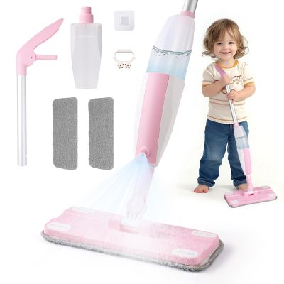 Hilsoeet Kids Spray Mop Pink, Real Working Water-Spraying Toy, Montessori Mini Mop with 2 Microfiber Washable Pads, Toddler Cleaning Set for Floor, Christmas Birthday Gifts for Age 3 4 5 6 7 8