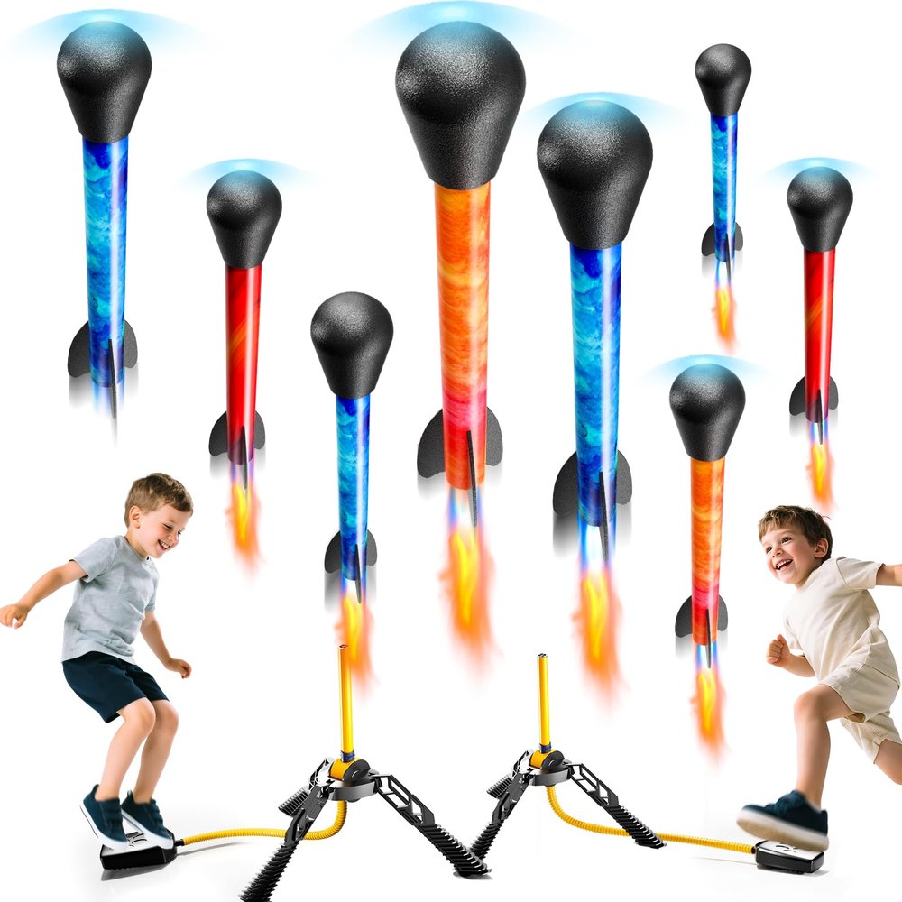 JUKUDAHU Rockets for Kids Age 4-8 with 8 LED Rockets and 2 Launcher - Outdoor Toys for 4 5 6 7 8-12 Year Old Boy Birthday Gift, Air Powered Flying Toy Shooting Up to 100 Feet, Toys for Kids Ages 8-12
