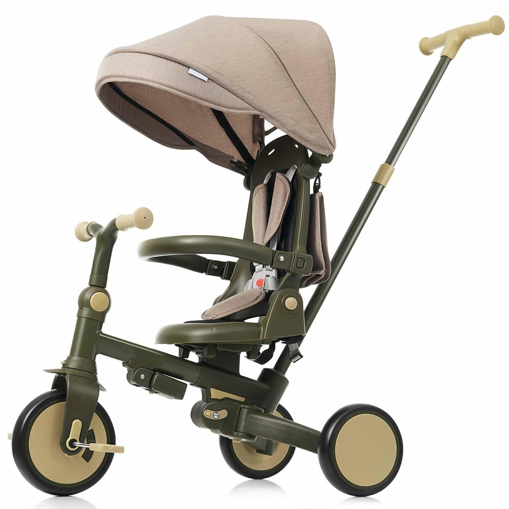 7-in-1 Baby Tricycle with Adjustable Parent Handle - Foldable Toddler Bike w/Removable Canopy & Guardrail, Aluminum Alloy Frame Stroller Bike for 1-6 Years Old (12-72 Months) (Dark Green-1)