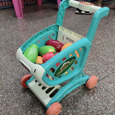 ToysCentral Basics Kids Shopping Cart Toy Set, Fruit Vegetables Grocery Car Toy for Educational Play, with Accessories for Cognitive Development (Blue)
