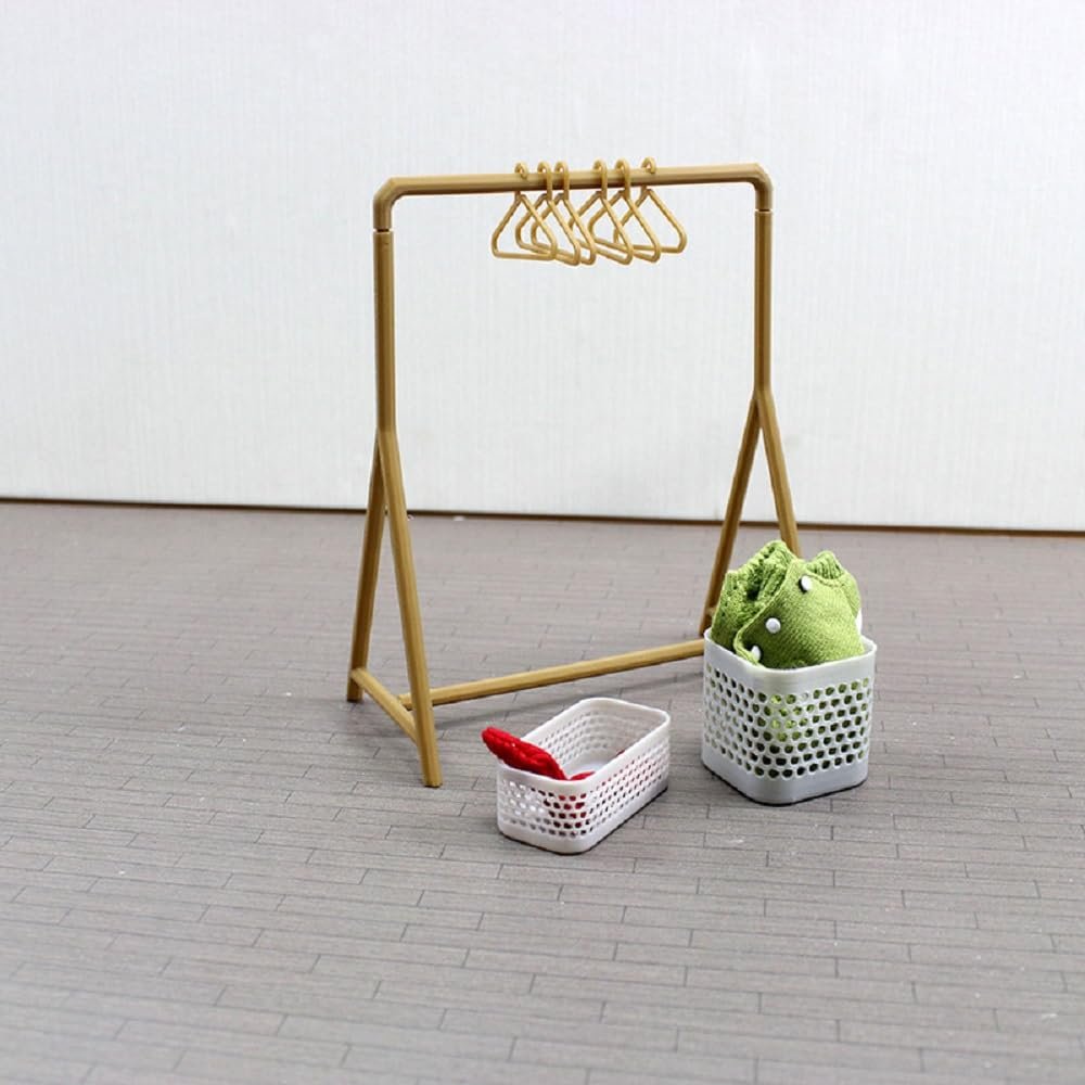 1 Set Doll Garment Rack with 6Pcs Clothes Hanger for Small Dolls Clothes Rack White Mini Dress Up Storage Doll Garment Rack Accessory for Dollhouse Cat Puppy (Y Style-Gold)