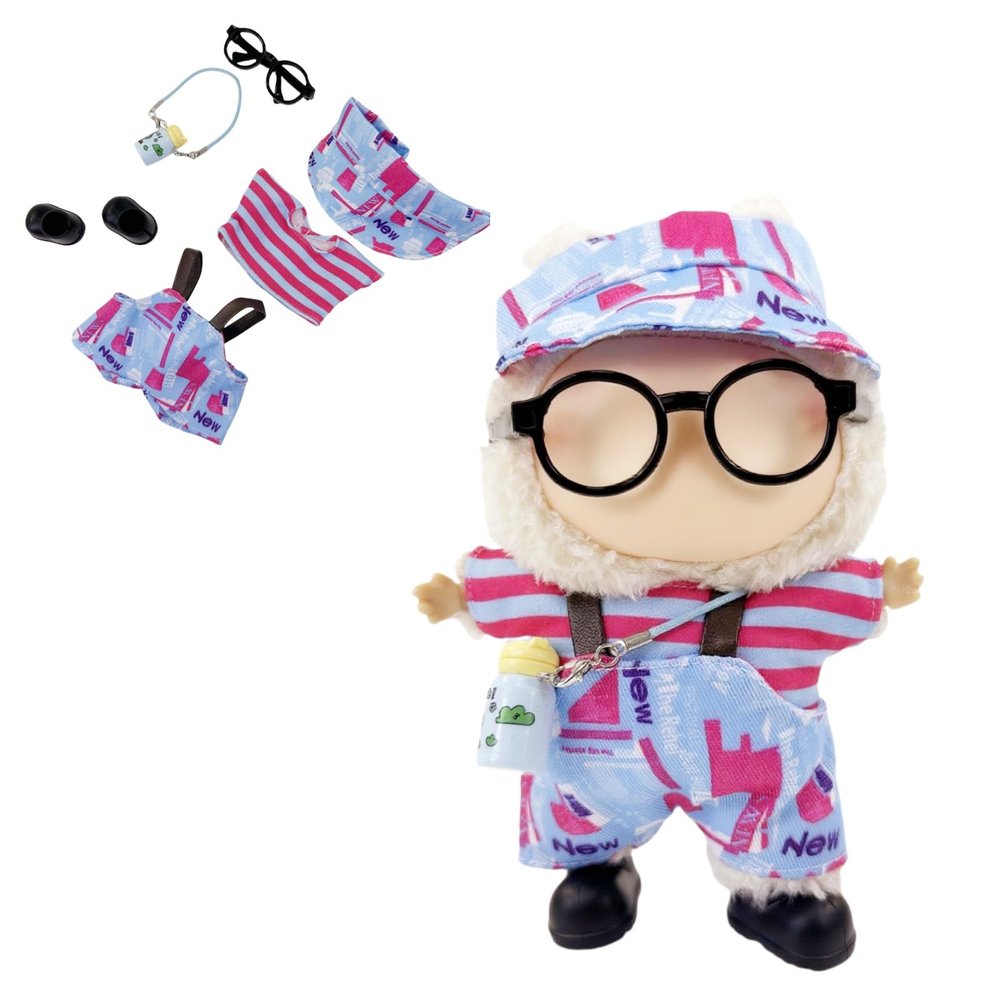 15-17cm Fashion Doll Clothes, Cool Overalls 6Pcs Doll Outfits and Accessories for Dress Up/Collectors (Hat + Top + Pants + Water Bottle + Glasses + Shoes)(No Dolls)