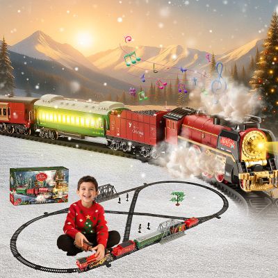 JONRRYIN Electric Train Set for Kids with Remote Control, Classic Steam Locomotive with Smoke, Lights & Sounds, Kids Christmas Trains Tracks Toys for Christmas