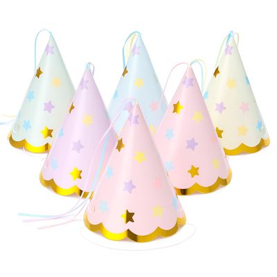 AmazingSpark 24 Pcs Pastel Party Hats Paper Cone Birthday Hats with Hot Stamping Pentagram and Ribbon Mini Party Headwear for Birthday, Baby Shower, Bridal Shower Decorations