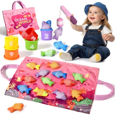 Alsatic Montessori Toys for 1 Year Old - 20PCS Cloth Toddler Pink Fishing Game with Stacking Cups,Baby Color Sorting Toy 12-18 Months One Year Old Birthday Gift,Best Easter Gifts for 1-3 Year Olds