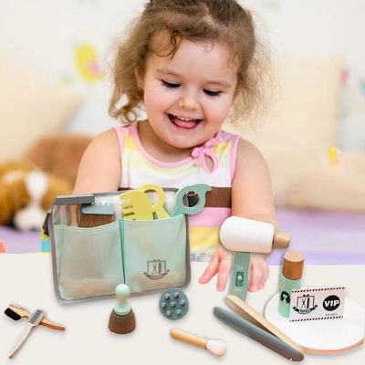 ZJchao Kids Hairdressing Makeup Role Play Toy Set Wooden Simulation Haircut Bag