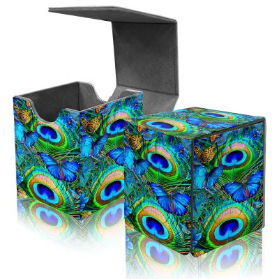 ACWDMKH Card Deck Box for MTG Commander,Collectible Trading Storage Box Fits 120+ Single Sleeved Cards Magnetic Case PU Leather for Magic Commander TCG CCG MTG,Peacock Feathers
