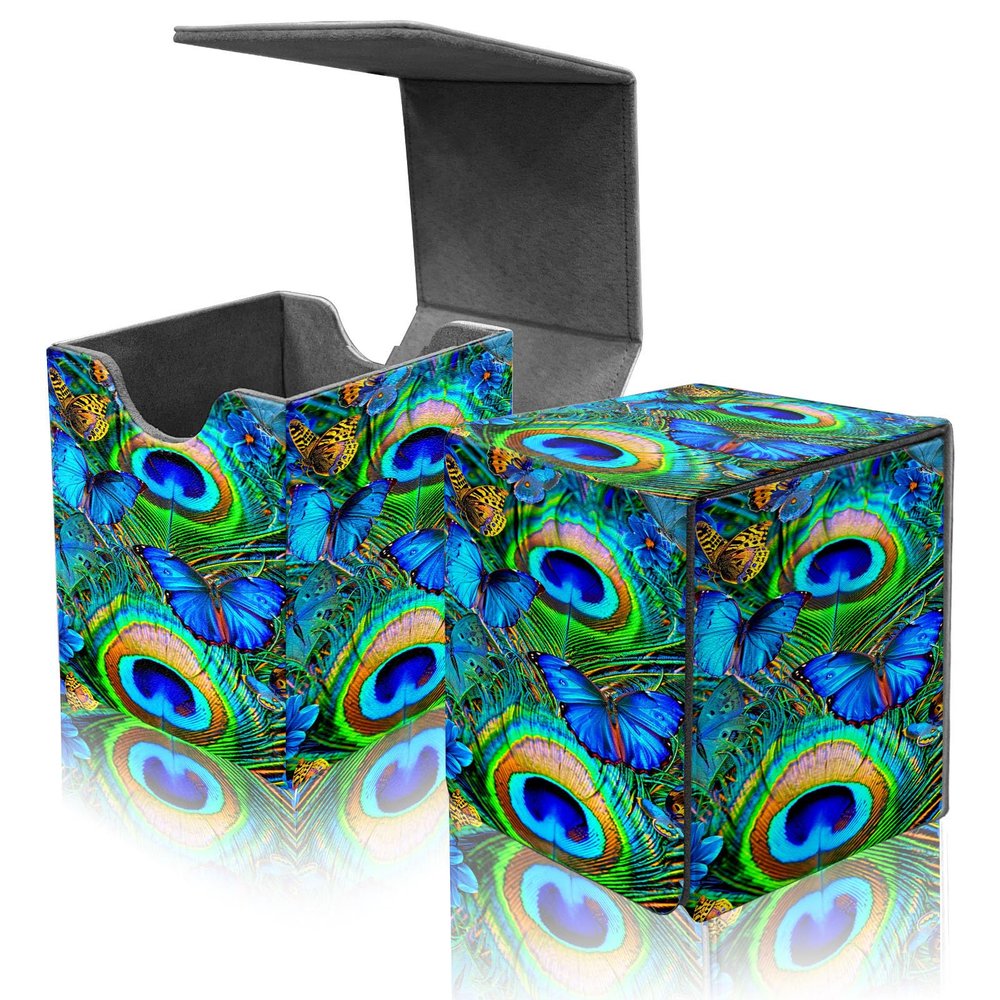 ACWDMKH Card Deck Box for MTG Commander,Collectible Trading Storage Box Fits 120+ Single Sleeved Cards Magnetic Case PU Leather for Magic Commander TCG CCG MTG,Peacock Feathers