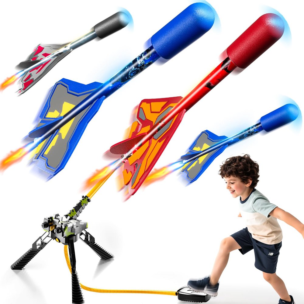 DULONIME Rocket Launcher for Kids with 4 LED Airplane Rockets and Tank Launcher, Outdoor Toys for Toddlers, Rockets for Kids Age 4-8, 2 3 4 5 Year Old Boy Birthday Gift, Launching up to 120+ Feet