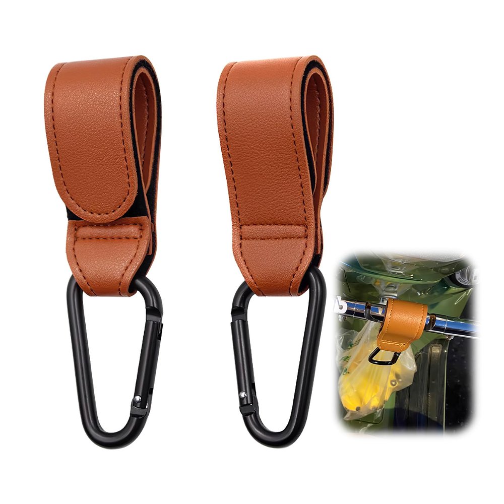 2 Pack Stroller Hooks for Bags Universal Baby Stroller Clips and Hooks Carry 44lbs, Non-Slip with One-Hand Opening, Hanging Diaper Bag Universal Hooks Accessories for Stroller Shopping Cart (Brown)