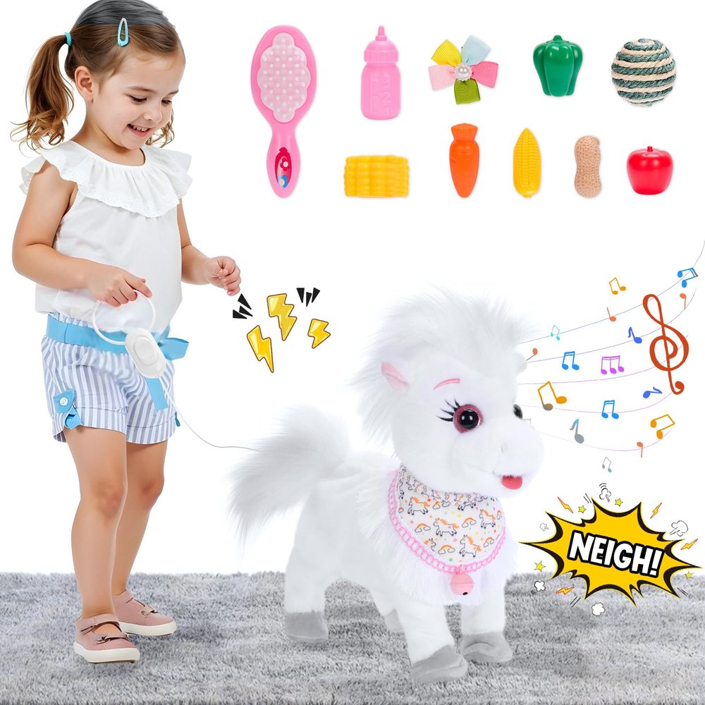 Ylpaprm White Walking Pony with Leash Toy Horses Electric Ponie That Walks,Plush Horse Toy for Kid Talking Musical Singing Pony Nod Lick Wag Repeat What You Say, Farm Animal Birthday Gift Boy