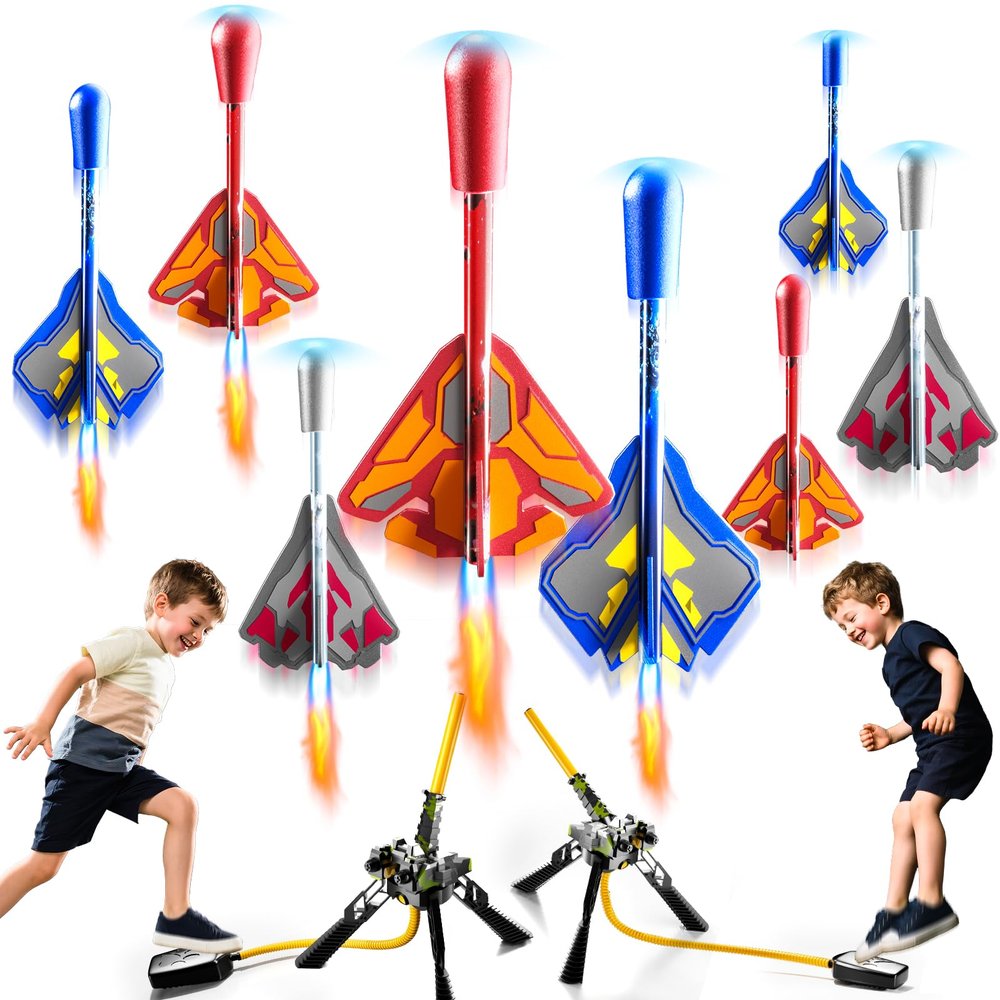 DULONIME Rocket Launcher for Kids with 8 LED Airplane Rockets and 2 Tank Launcher, Outdoor Toys for Toddlers, Rockets for Kids Age 4-8, 2 3 4 5 Year Old Boy Birthday Gift, Launching up to 120+ Feet