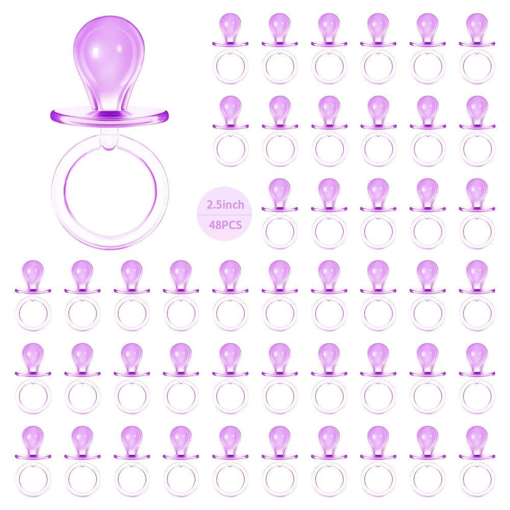 48 Pcs Pacifiers for Baby Shower Game, 2.5 Inch Large Size Plastic Pacifiers Baby Shower Games Pacifier Hunt Decoration DIY, Gender Reveal Table Scatter, Party Favors(Purple)