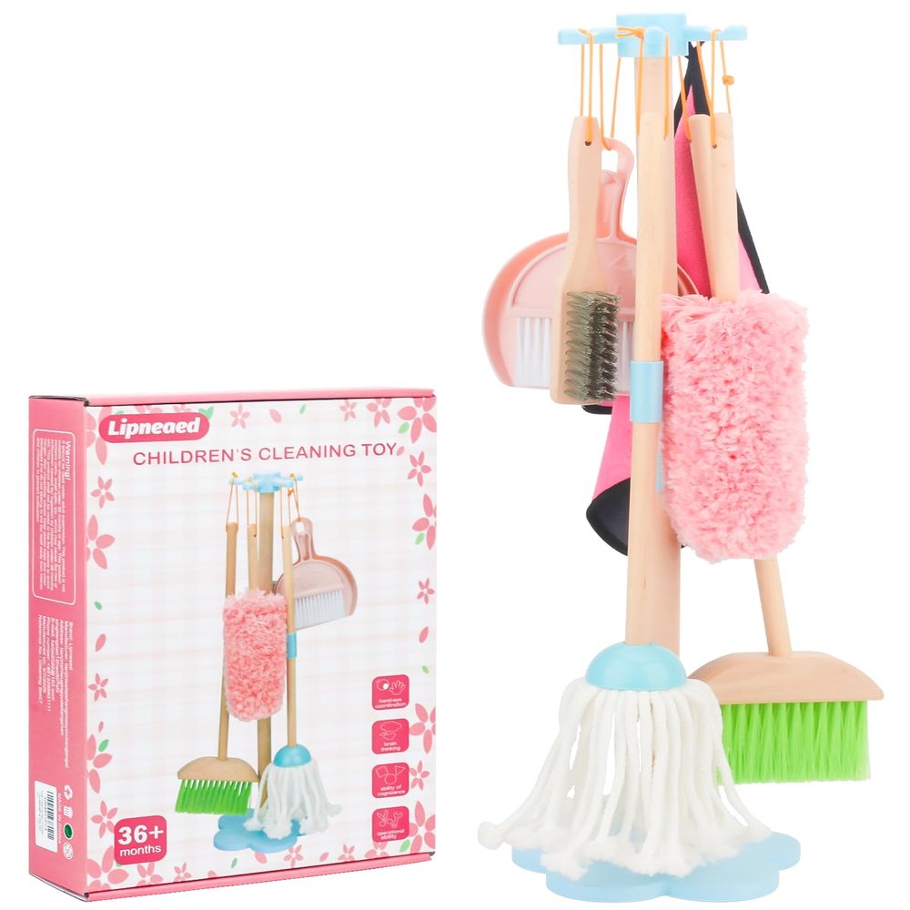 Kids Cleaning Set, Wooden Toddler Broom Set for Housekeeping, 7 Pieces Montessori Cleaning Toys with Kids Broom and Mop Set, Housework Pretend Play Toy Gift for Boys Girls Ages 3+