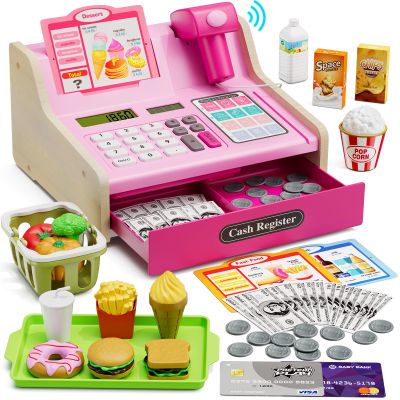 Wee Wonders Wooden Cash Register for Kids with Real Calculator, Rechargeable Cash Register Toy with Scanner/Play Money/Food/Credit Card/Menu, Pretend Play Toys Gifts for Boys Girls Ages 3-8,Color