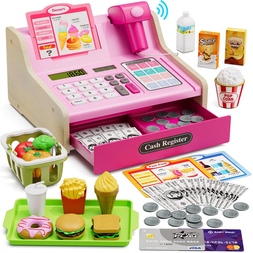 Wee Wonders Wooden Cash Register for Kids with Real Calculator, Rechargeable Cash Register Toy with Scanner/Play Money/Food/Credit Card/Menu, Pretend Play Toys Gifts for Boys Girls Ages 3-8,Color