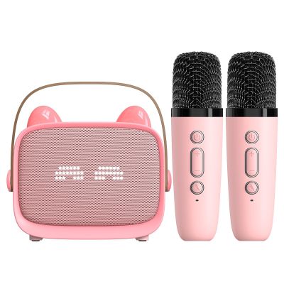 Wisoqu Mini Karaoke Machine forPortable Bluetooth Speaker with 2 Wireless Microphone, Colorful Light, 5 Sound Modes, for Family Home Party (Pink)