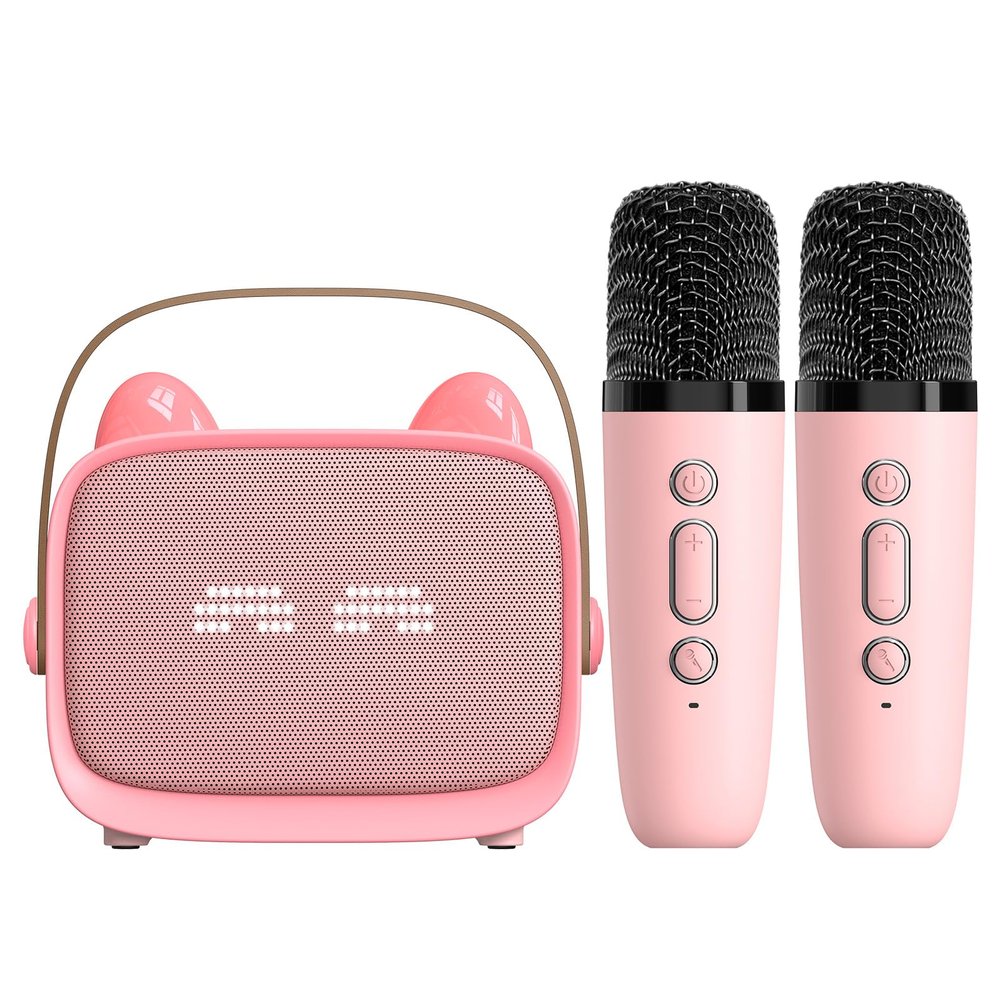 Wisoqu Mini Karaoke Machine forPortable Bluetooth Speaker with 2 Wireless Microphone, Colorful Light, 5 Sound Modes, for Family Home Party (Pink)