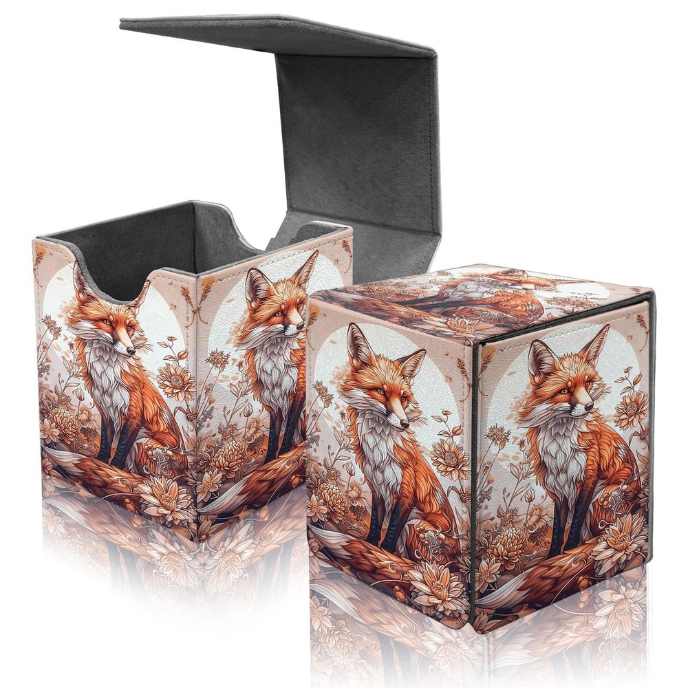 ACWDMKH Card Deck Box for MTG Commander,Collectible Trading Storage Box Fits 120+ Single Sleeved Cards Magnetic Case PU Leather for Magic Commander TCG CCG MTG,Cute Fox Flower