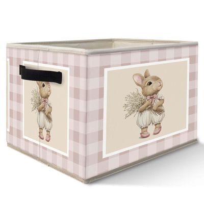Likjad Bunny Nursery Storage Bins Basket, Toybox for Girls Room, Rustic Rabbit Neutral Checkered Collapsible Fabric Storage Box Organizer for Bedroom Bathroom Clothes Books Toys