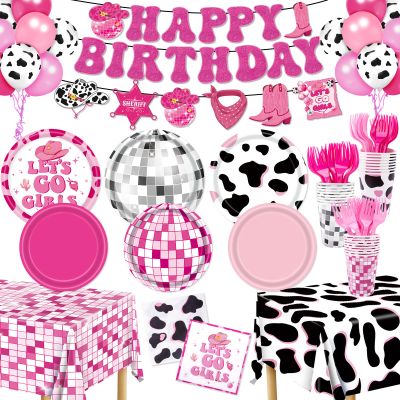 147pcs Cowgirl Birthday Party Decorations, Disco Cowgirl Party Decorations Includes Banner, Garland, Plates, Napkins, Cups, Forks, Tablecloths and Balloons for Western Cowgirl Party (Serves 24)