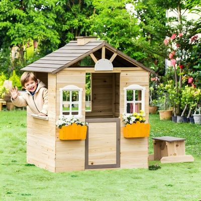 Wooden Children's Play House, Outdoor Garden Lawn Terrace Courtyard Cottage, Suitable for Children Aged 3-7, Equipped with Doors, Windows, Benches, Service Stations, Flower Pot Racks