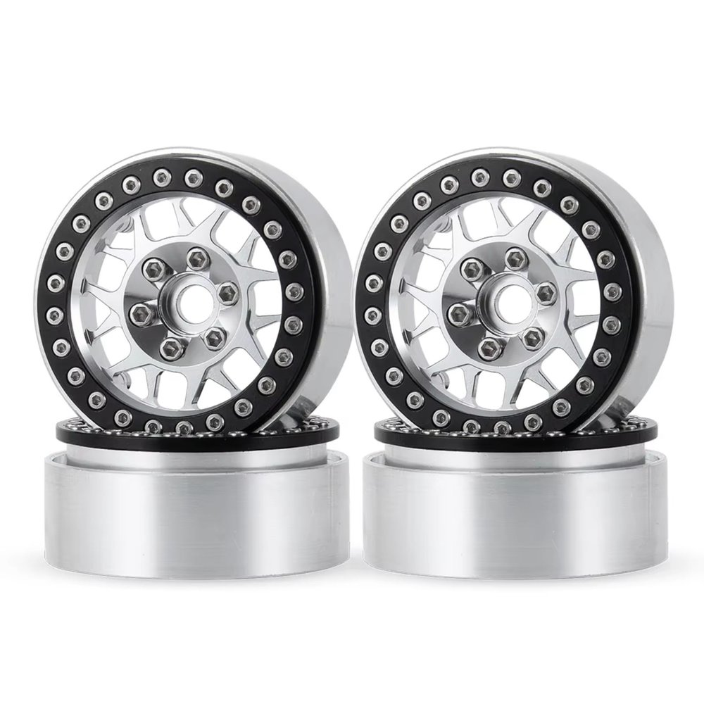 BOQEXSS RC Car Wheel Tyre Kit for Axial for SCX10 for TRX-4 D90 CC01 TF2 1/10 Alloy Metal 1.9" Beadlock Wheel Rims RC Crawler Car Accessories(Silver)