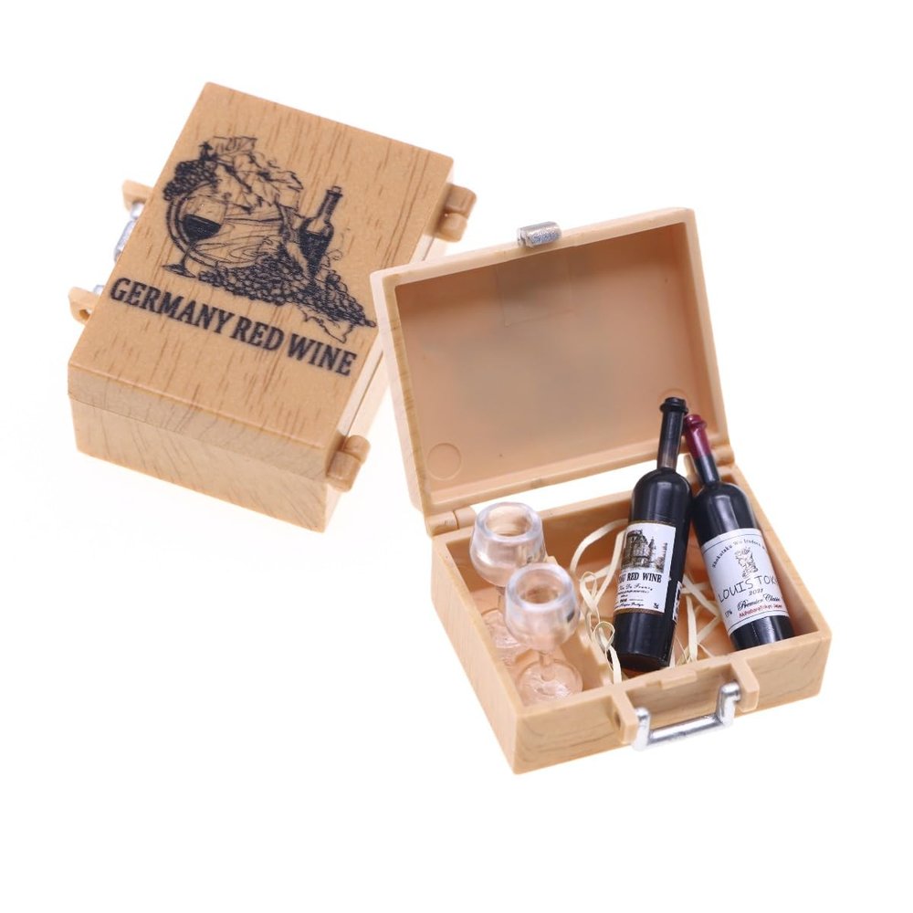 1:12 Mini Dollhouse Accessories Set Which Including 2 Red Wine Bottles Glasses Bottles and A Case,Miniaure Scene Model for Dollhouse Decor and Dollhouse Furniture