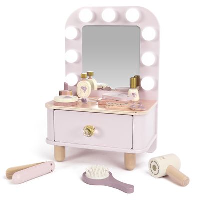 Freniland Wooden Toddler Vanity with Mirror and Light ,Kids Make Up Toy Set,11 Pcs Dressing Table Toy Includes Beauty Salon Set and Makeup Accessories,Pink Vanity for Girls Ages 3+