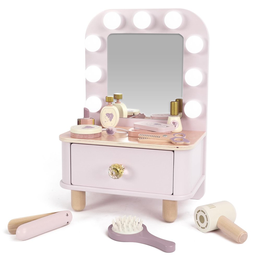 Freniland Wooden Toddler Vanity with Mirror and Light ,Kids Make Up Toy Set,11 Pcs Dressing Table Toy Includes Beauty Salon Set and Makeup Accessories,Pink Vanity for Girls Ages 3+