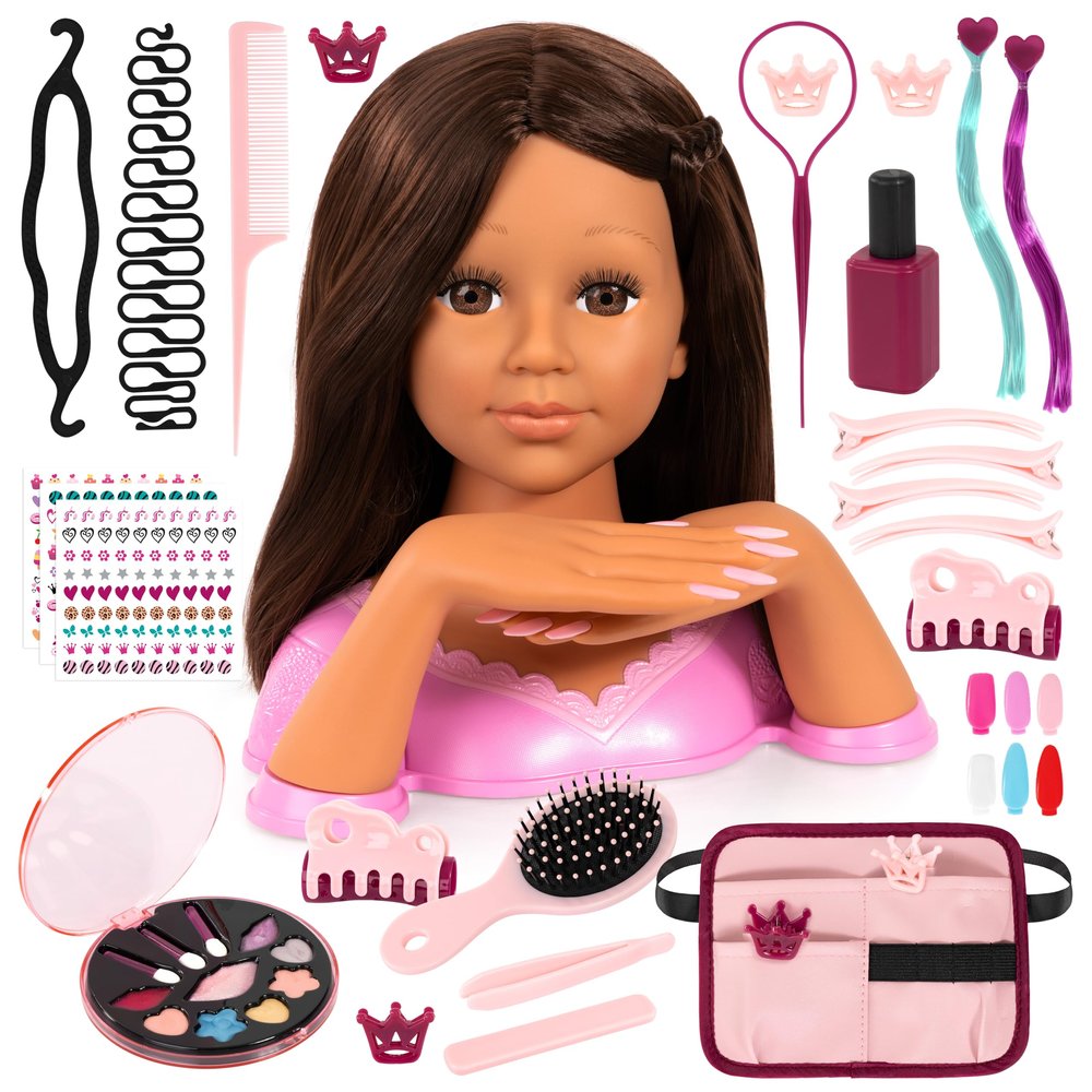 Bayer Charlene Magic Nails Styling Head Doll with 180 Removable Nails, Brown Hair, Makeup, Kids Pretend Play Beauty Salon Toy, 3+
