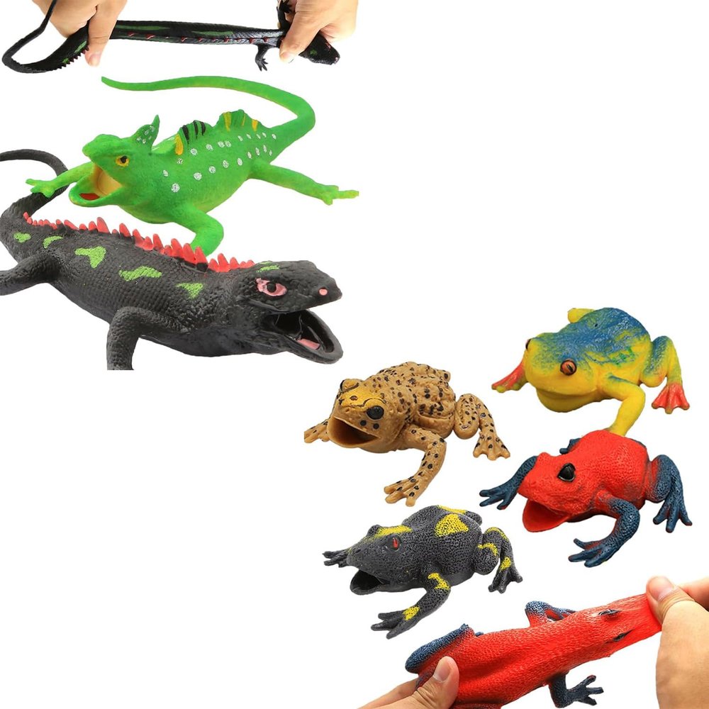 2 Pcs 9-inch Lizards Rubber Toys and 6Pcs 4.5-inch Assorted Rubber Frog Toy Sets