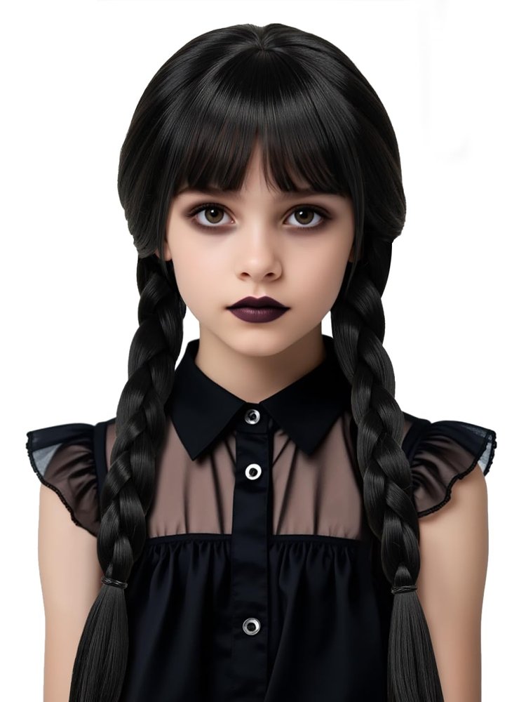 HORTYZON Brown Wig for Girls Kids Long Wavy Curly Middle Part Costume Wig Princess Halloween Party Hair (Black/Braided)