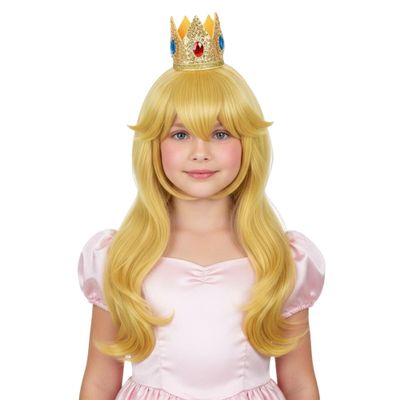 HORTYZON Girls Blonde Curly Princess Wig Long Golden Wig with Crown,Ear Clips,Brooch Earrings for Halloween Cosplay Wigs (Blonde)