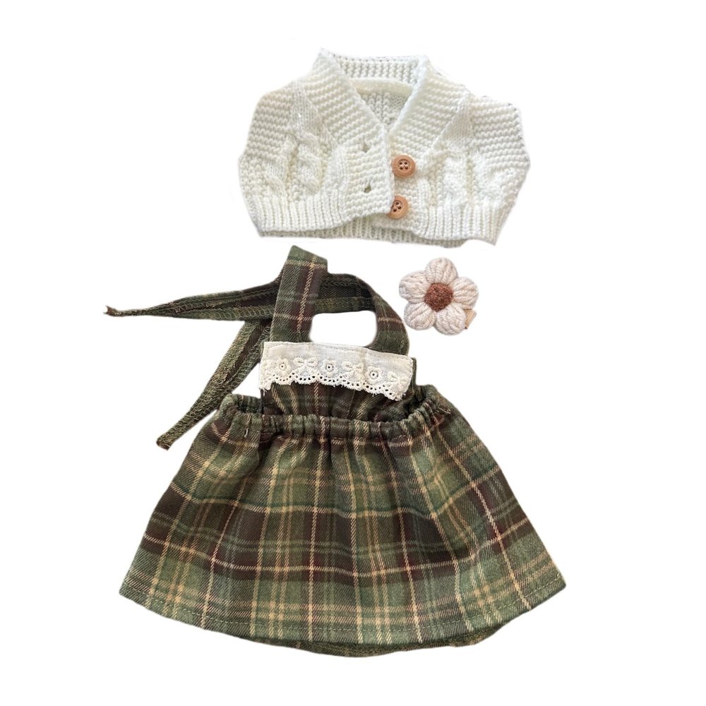 LICHADUOLE 9-12"/30cm Teddy Bear Outfit: Medium Bashful Bunny Plaid Dress & Bumbly Bear Knit Set with Crochet Hair Clip 3-Piece for 10inch Stuffed Animals(NO Doll)