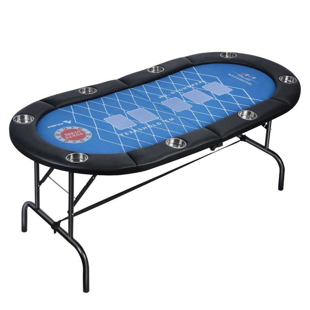 qorkhogr 71 Foldable Inch Poker Table, 8 Player Poker Table, Texas Holdem Tables with Collapsible Legs, Padded Rail for Home or Game Room Blue