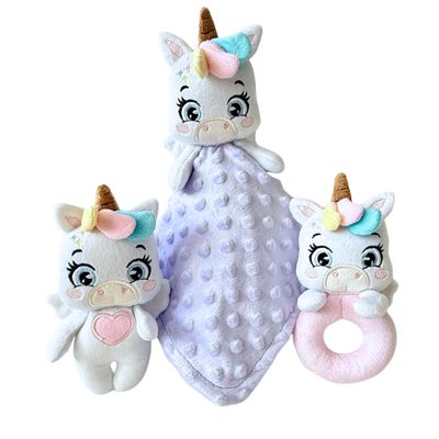 Baby Toy Kit Security Blanket, Soft Rattle, and Snuggly Plush Toy Safe, Stimulating, and Gentle Ideal for Newborns and Baby Shower Gift Blanket to Cuddle (Sweet White Unicorn)